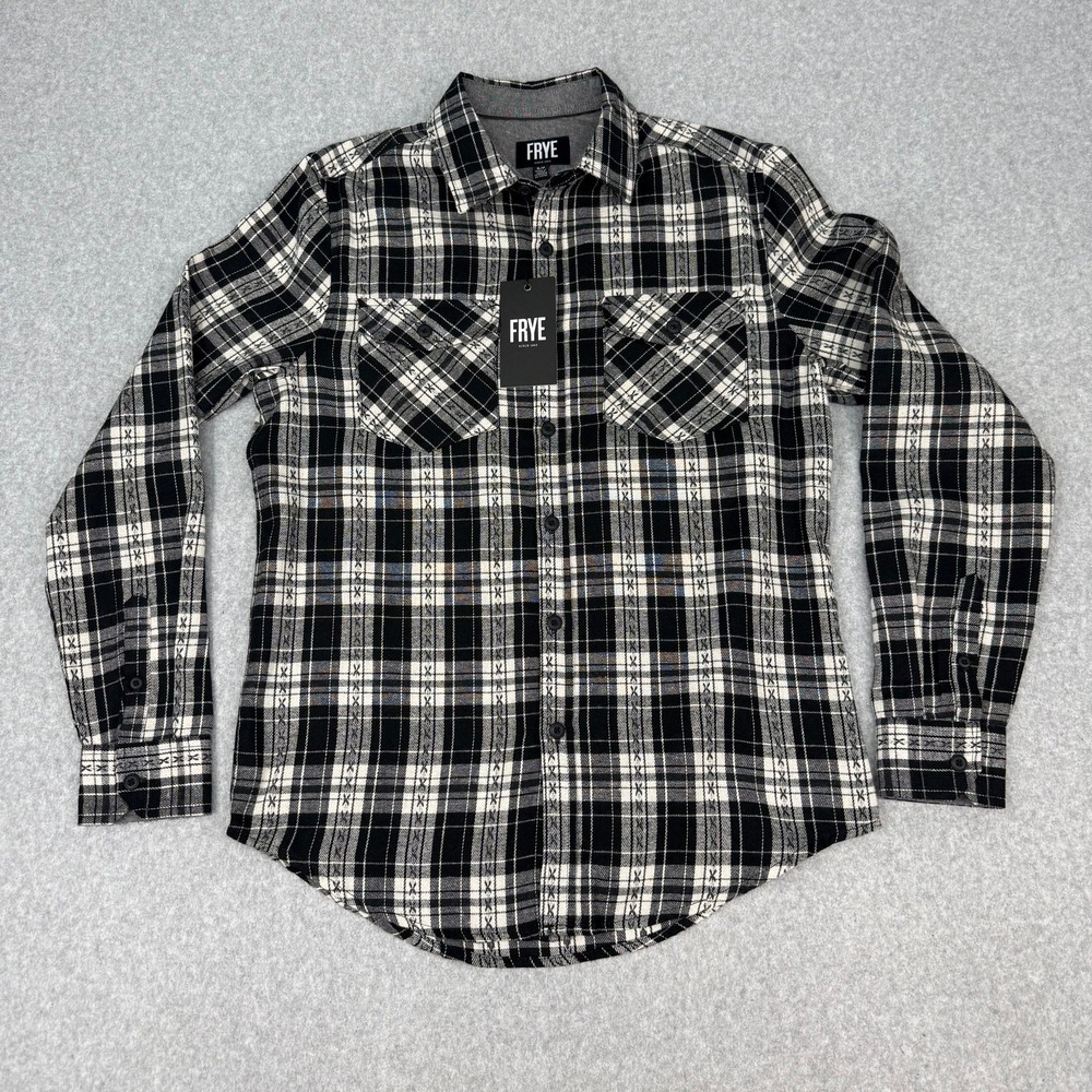Frye Flannel Shirt Men's Small Button Down Black White Long Sleeve NWT‎